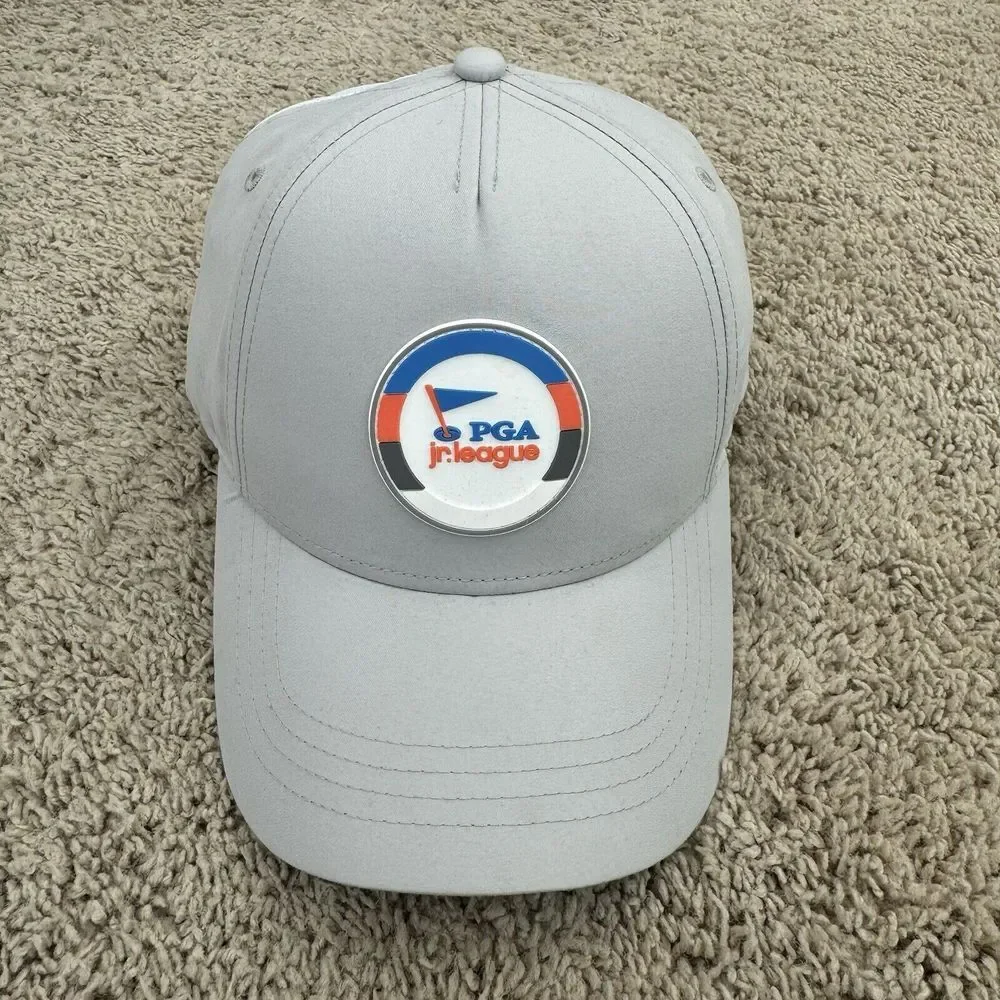 PGA‎ Jr League Hat Garb Adjustable Strap Gray White Mesh Rubber Circle Logo Cap